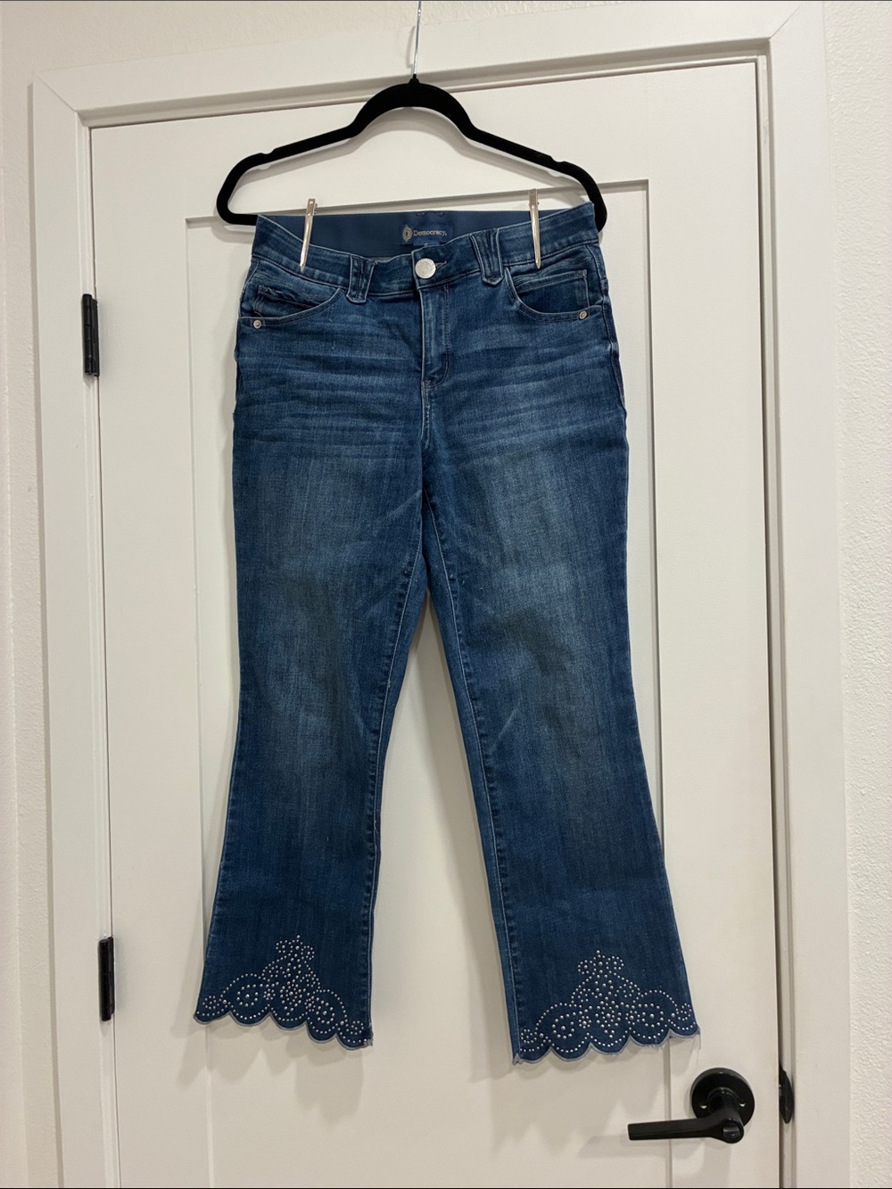 Democracy Dark Blue Cropped Jeans with Scalloped Studded Hem